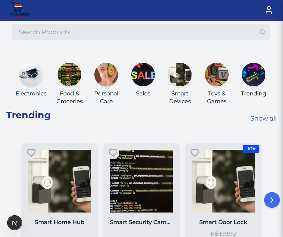 Uma foto de um dos projetos de isabela, o site é um simulador de e-commerce, onde o usuário pode ver produtos.